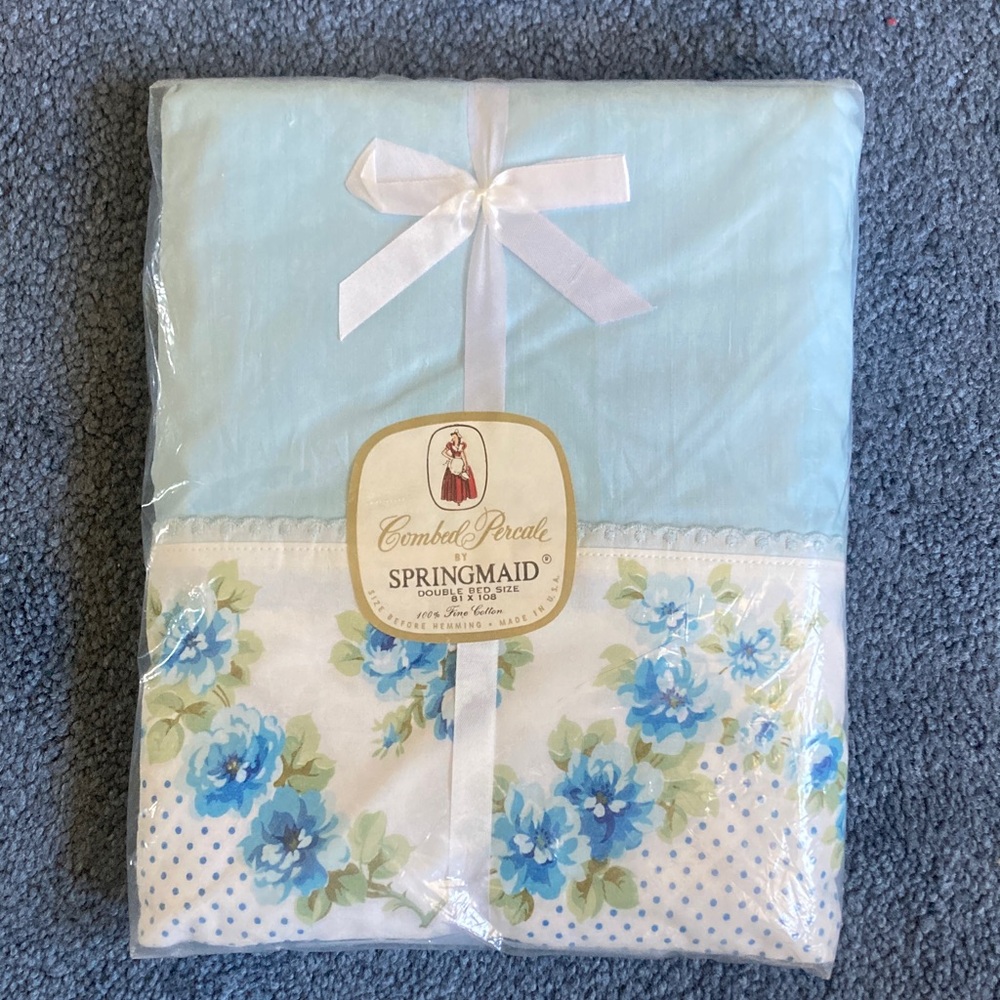 NOS Springmaid Blue Floral Double Flat Sheet 100% Cotton